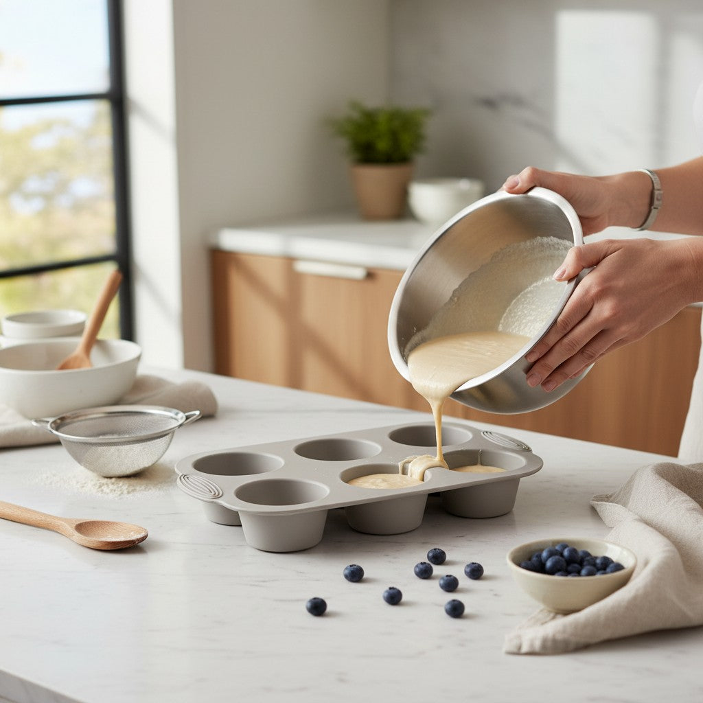 Molde de silicona WISHFUL para 6 muffins en color gris sobre encimera de cocina mientras se vierte la masa