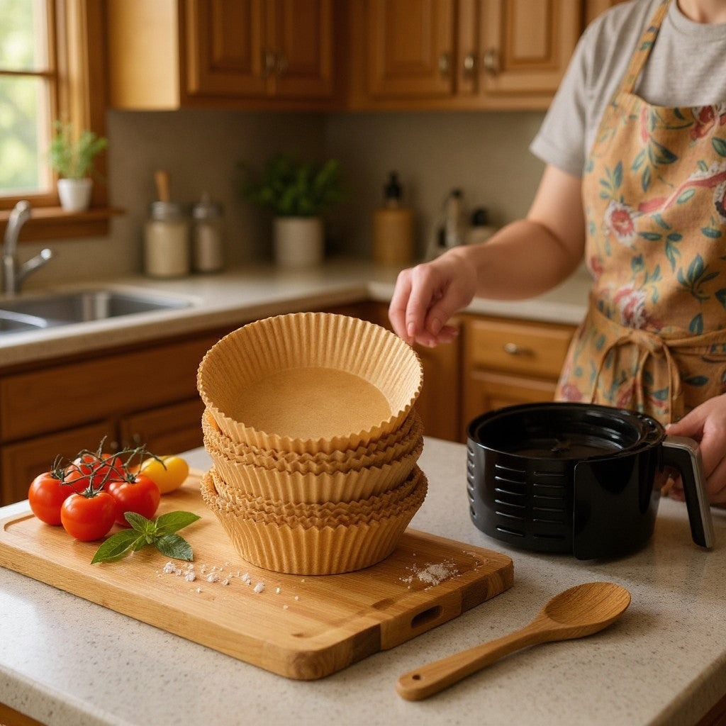 Moldes de papel pergamino desechables WISHFUL para freidora de aire, apilados sobre tabla de madera en cocina