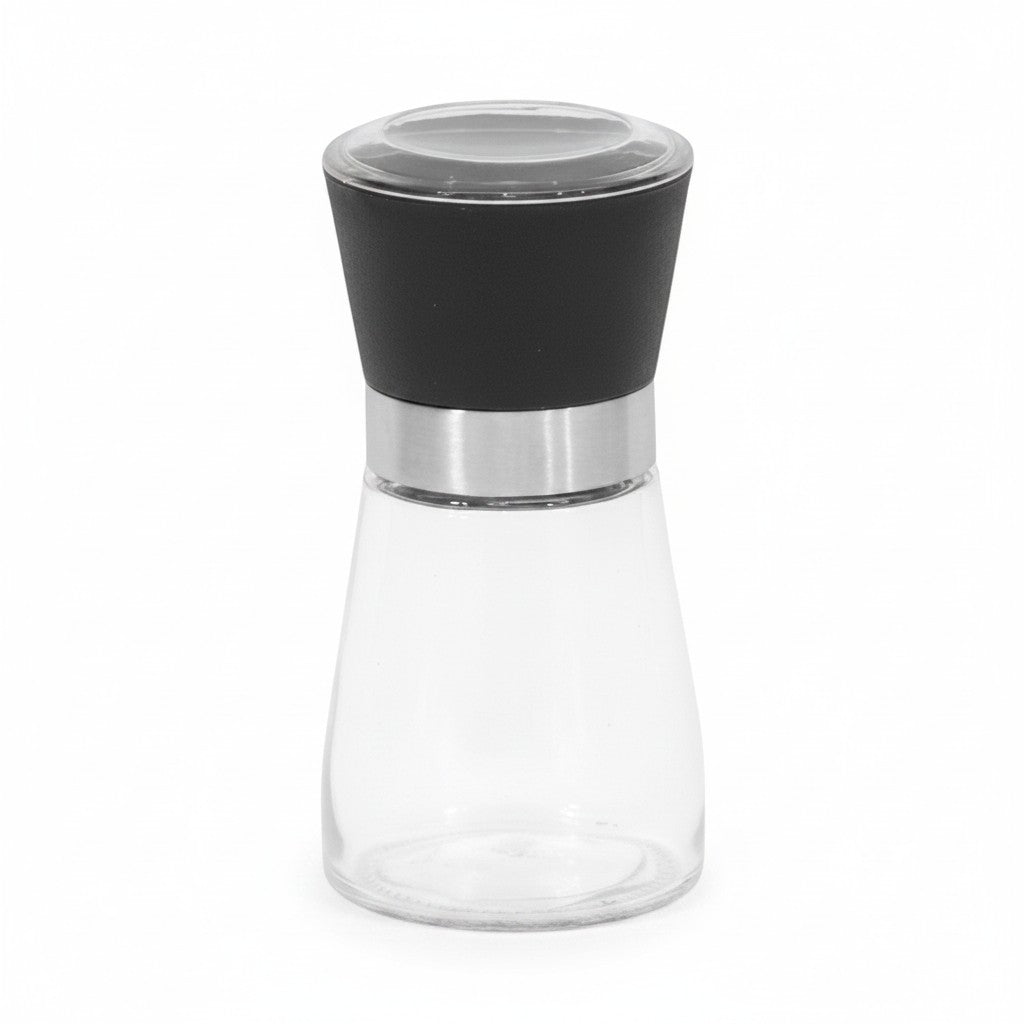 Molinillo de pimienta WISHFUL de 13,5 cm con cuerpo de vidrio transparente y tapa superior negra