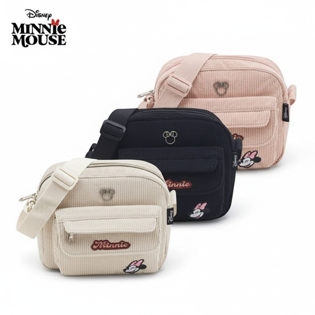 Morrales WISHFUL de Minnie Mouse en tela de pana, disponibles en colores beige, negro y rosa con bolsillo frontal.
