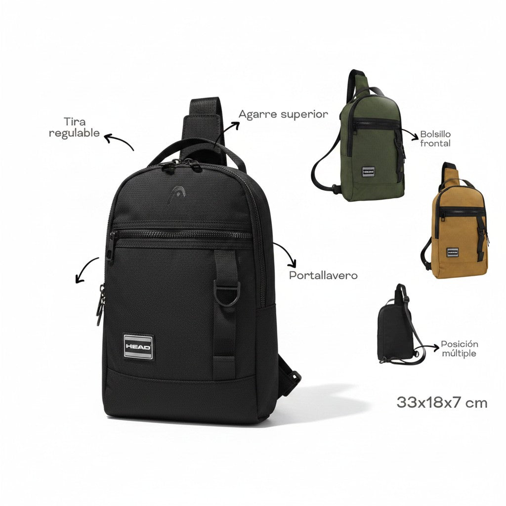 Morral cruzado WISHFUL HEAD negro con correa regulable, bolsillo frontal, agarre superior y portallavero