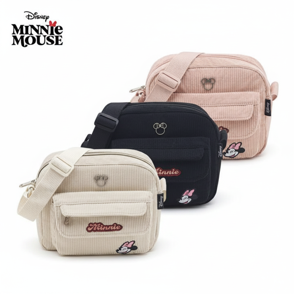 Morral WISHFUL de pana con diseño de Minnie Mouse en colores beige, negro y rosa con correa ajustable