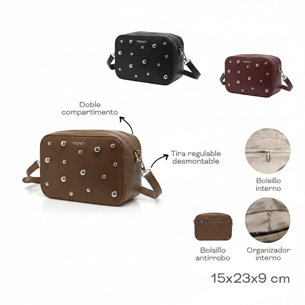 Morral WISHFUL con tachuelas, doble compartimento, tira ajustable y bolsillo antirrobo en colores negro, vino y marrón.