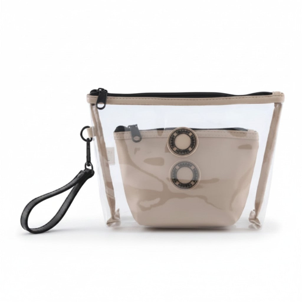Neceser WISHFUL Trendy X2 transparente con estuche interior beige y correa de mano negra