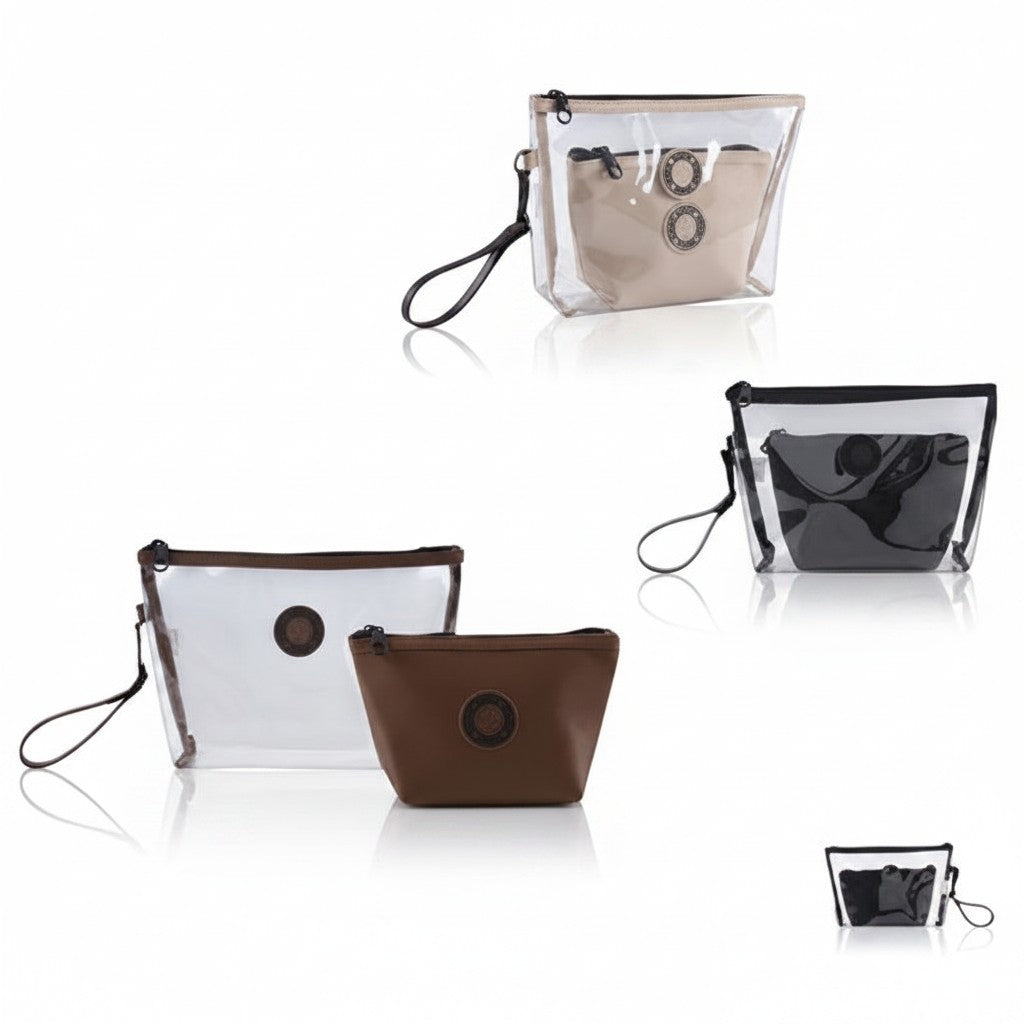 Set de dos neceseres WISHFUL transparentes con estuches interiores en tonos beige, negro y marrón con cierre de cremallera