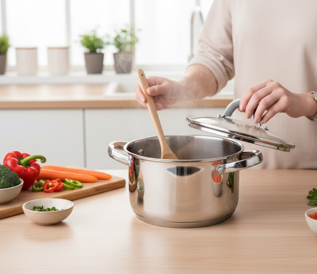 Olla WISHFUL de acero inoxidable de 26 cm con tapa de vidrio, siendo utilizada para cocinar en una cocina moderna.