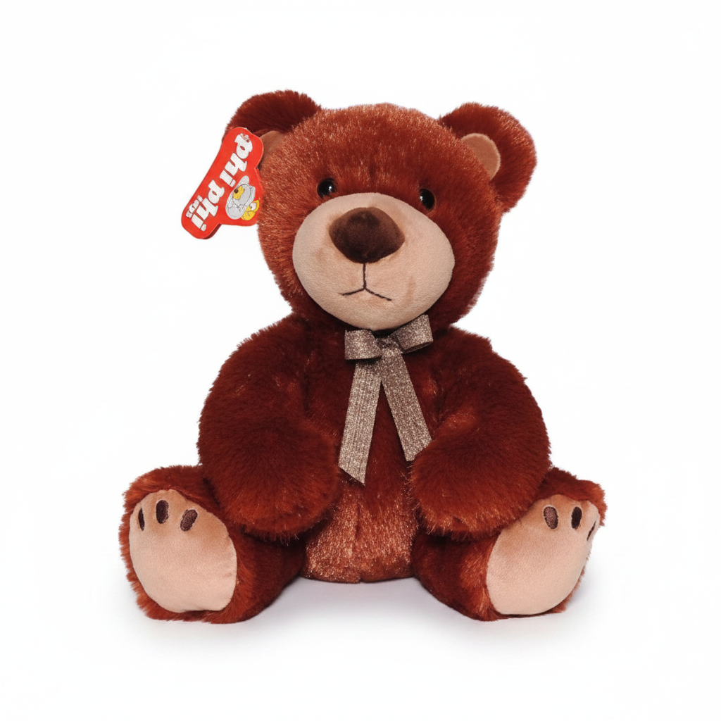 Oso de peluche WISHFUL de 27 cm en color marrón, sentado con un elegante moño brillante y etiqueta Phi Phi