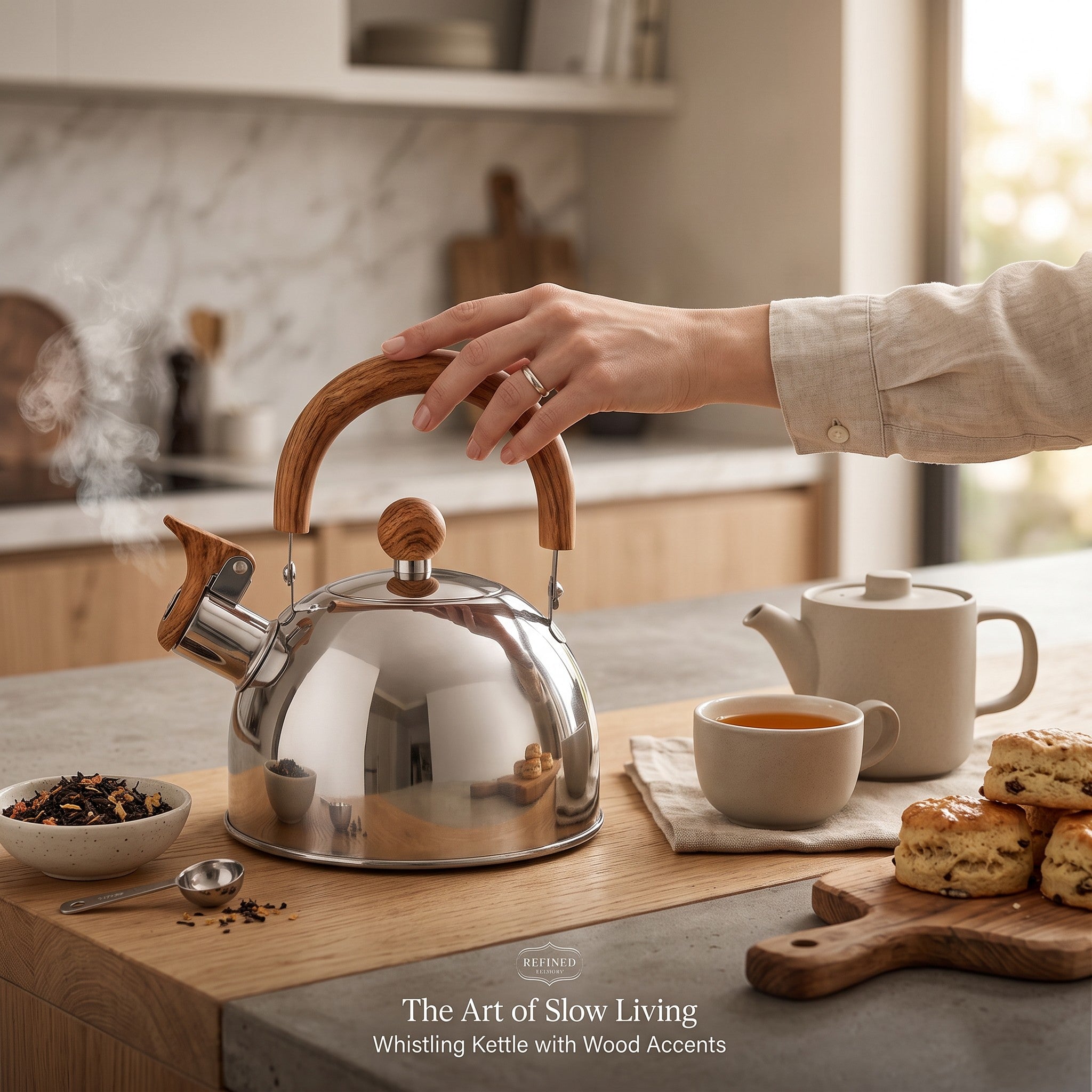 Pava silbadora WISHFUL de acero inoxidable de 1.5 litros con mango y detalles efecto madera en cocina moderna