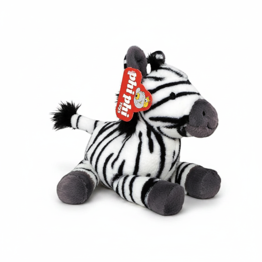 Peluche de cebra WISHFUL de 24 cm en posición tumbada con rayas blancas y negras y etiqueta de Phi Phi Toys