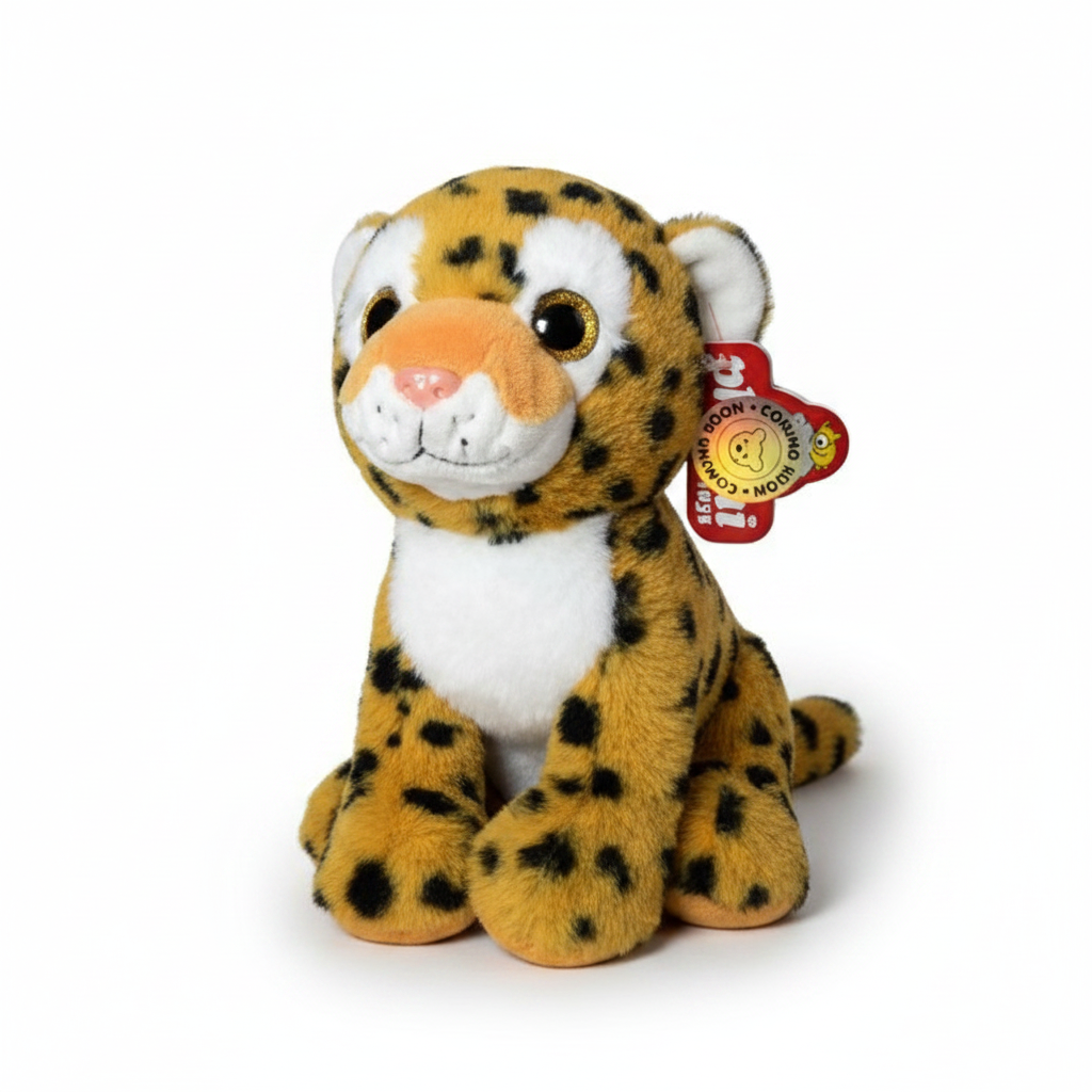 Peluche de leopardo WISHFUL de 25 cm con manchas negras, pelaje suave y ojos brillantes sobre fondo blanco