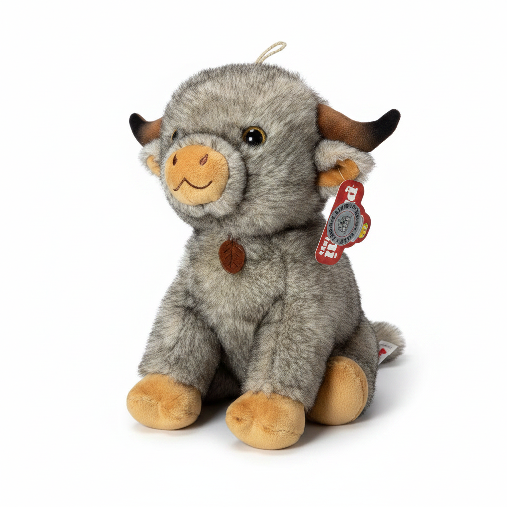 Peluche de toro WISHFUL de 30 cm con pelo bicolor gris y marrón, cuernos oscuros y textura suave