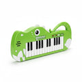 Piano electrónico infantil WISHFUL con diseño de dinosaurio verde, teclado de juguete con asa y botones de control.