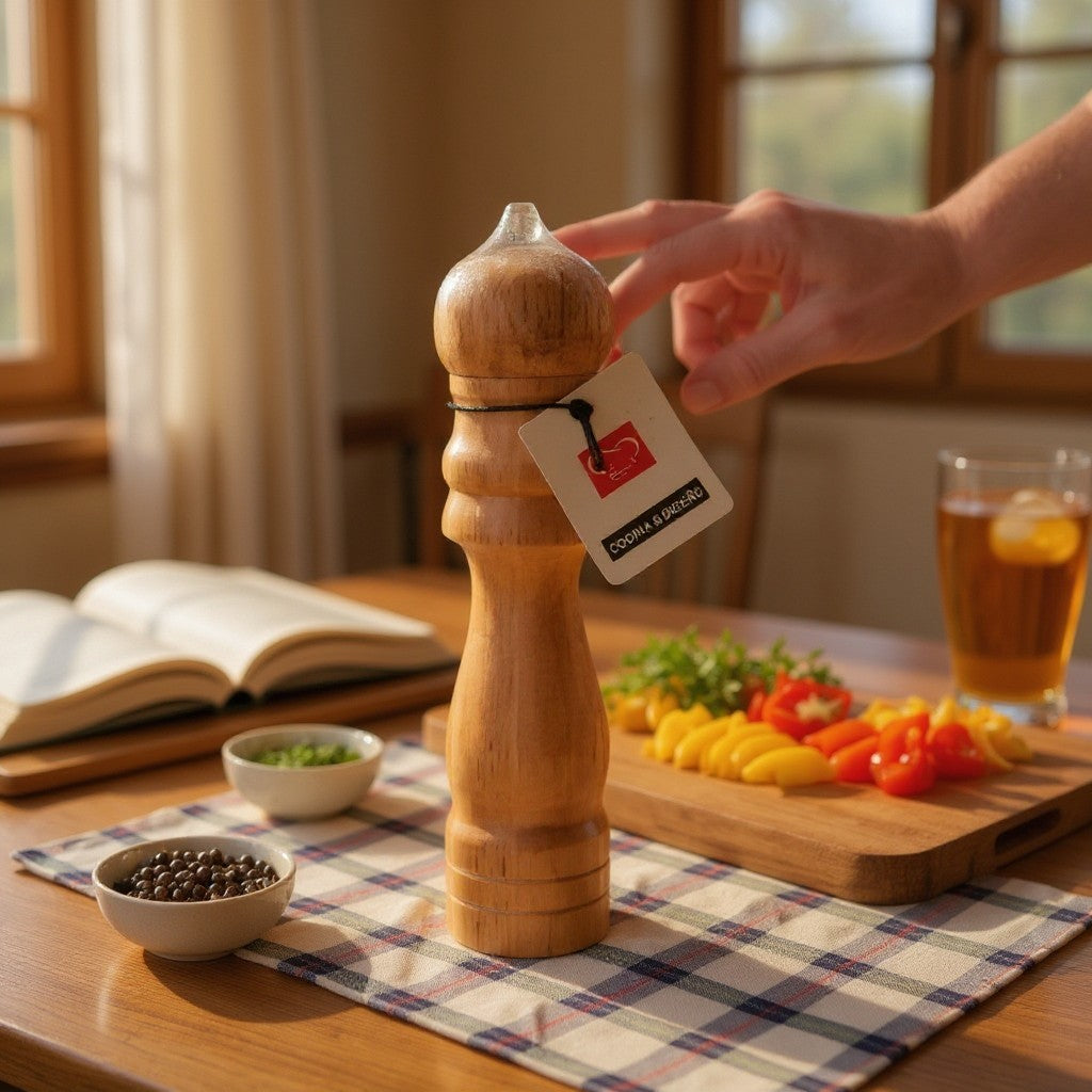 Pimentero de madera WISHFUL de 21 cm con diseño clásico sobre una mesa de cocina con ingredientes frescos