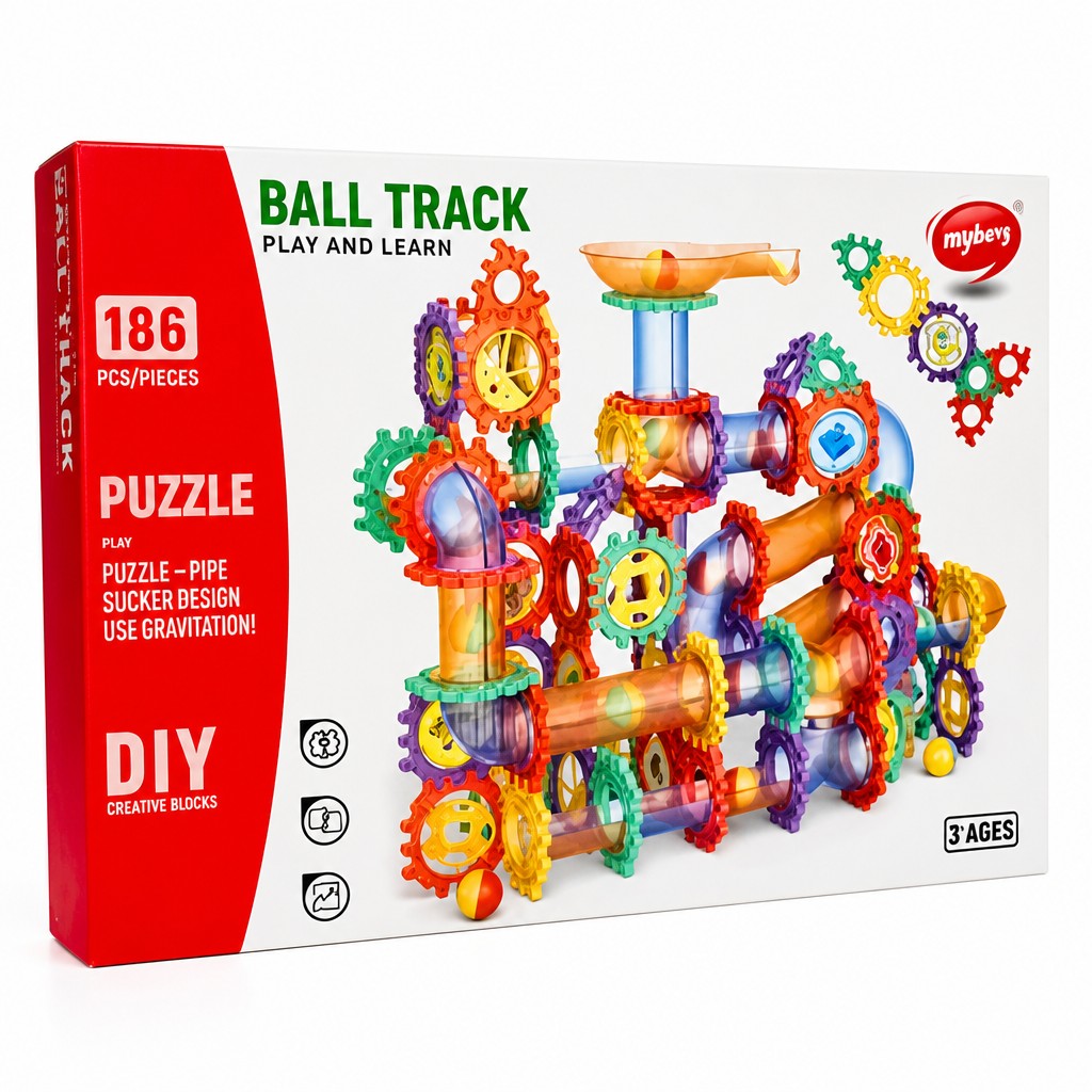 Set de construcción de pistas de canicas 3D WISHFUL con 186 piezas transparentes y coloridos engranajes