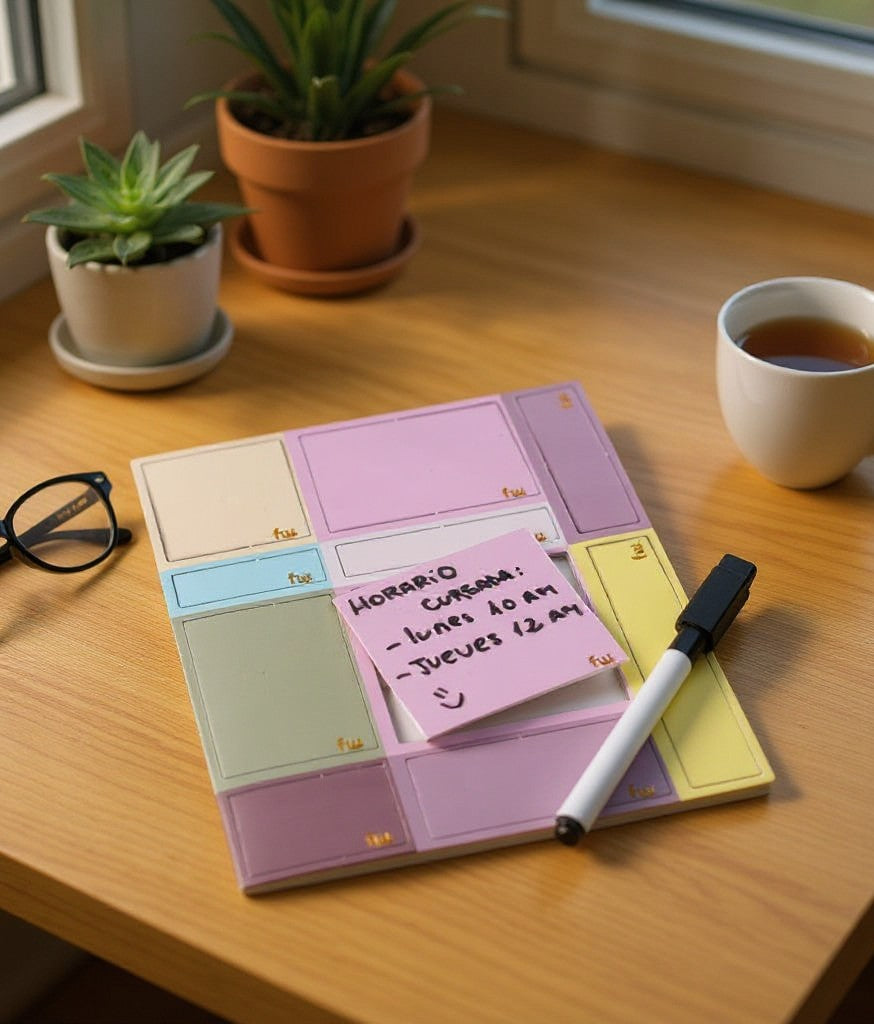 Planificador magnético WISHFUL en tonos pastel con notas adhesivas, marcador y accesorios de escritorio
