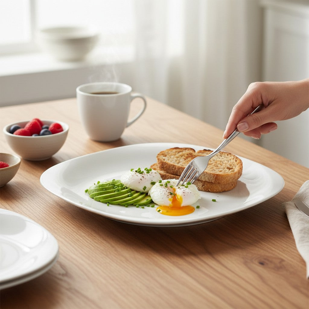 Plato cuadrado WISHFUL de vidrio templado blanco con desayuno de huevo poché, aguacate y tostadas sobre mesa de madera