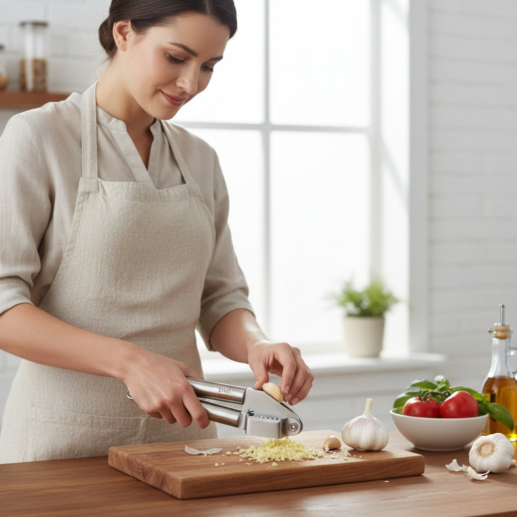 Mujer usando prensa de ajo reforzada WISHFUL de acero inoxidable sobre tabla de madera en cocina luminosa
