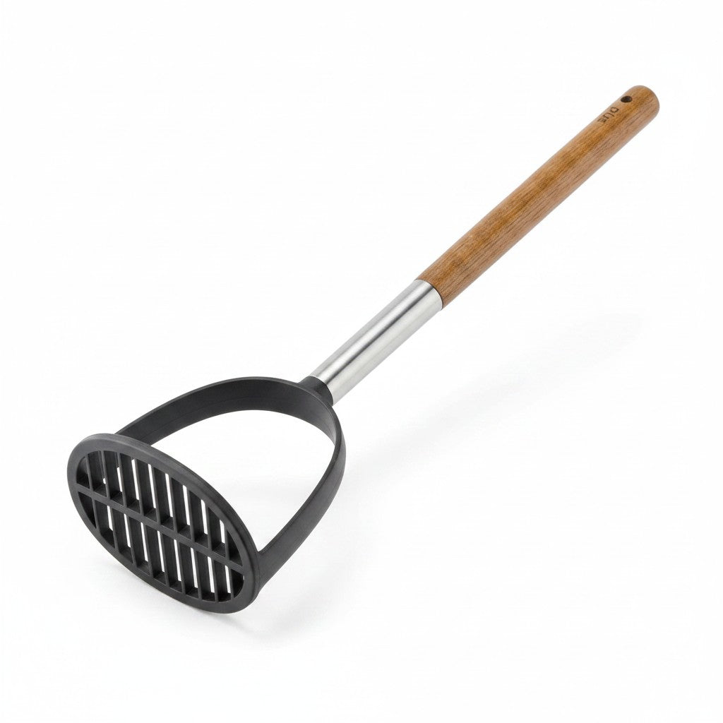 Prensa papas WISHFUL de 33 cm con cabezal negro y mango de madera de acacia resistente