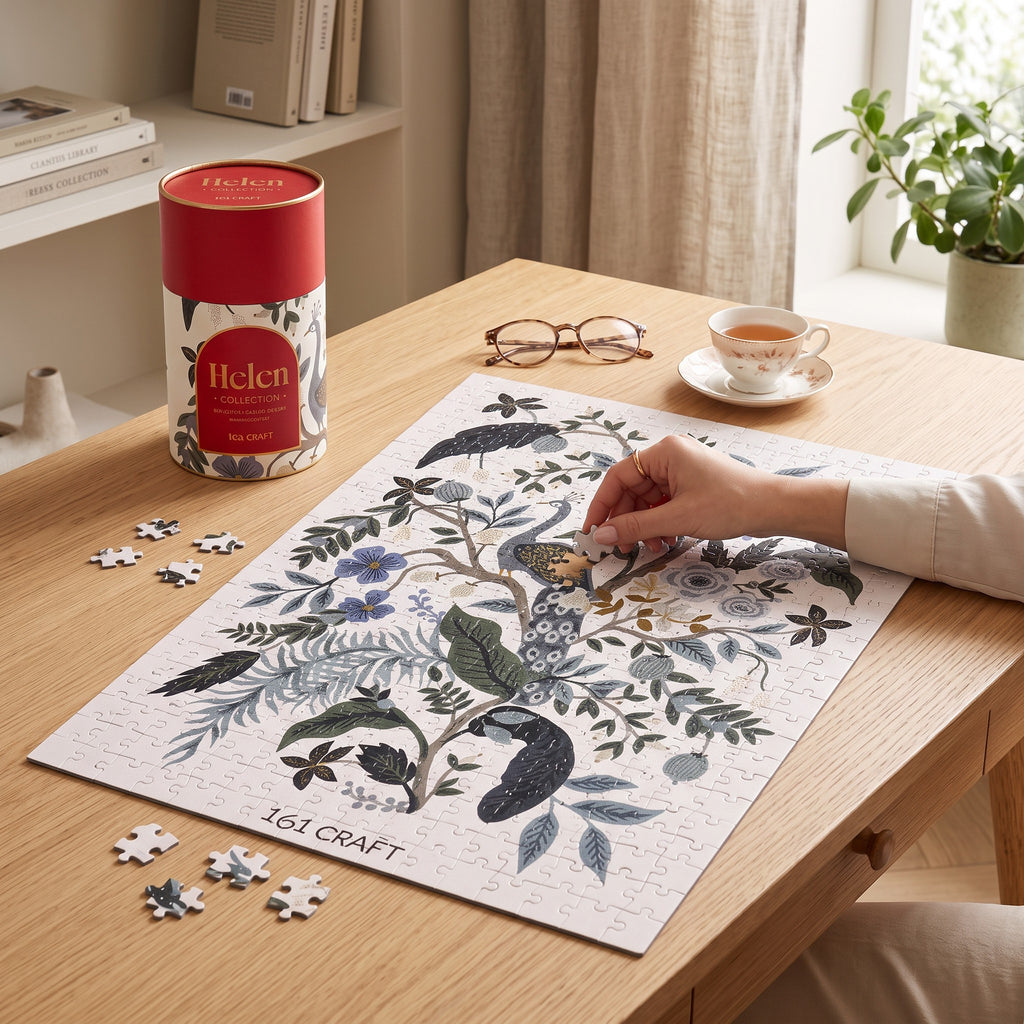 Puzzle de 100 piezas WISHFUL con diseño floral y de aves en tonos azules y verdes sobre una mesa de madera