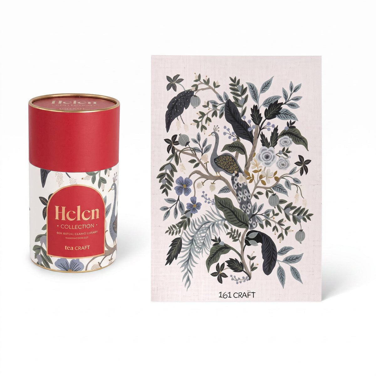 Puzzle de 100 piezas WISHFUL con diseño botánico de pavo real y flores, presentado en un tubo cilíndrico decorativo.