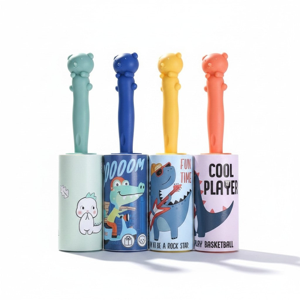 Set de cuatro quitapelusas WISHFUL con mangos de animales de colores y rodillos adhesivos estampados de dinosaurios