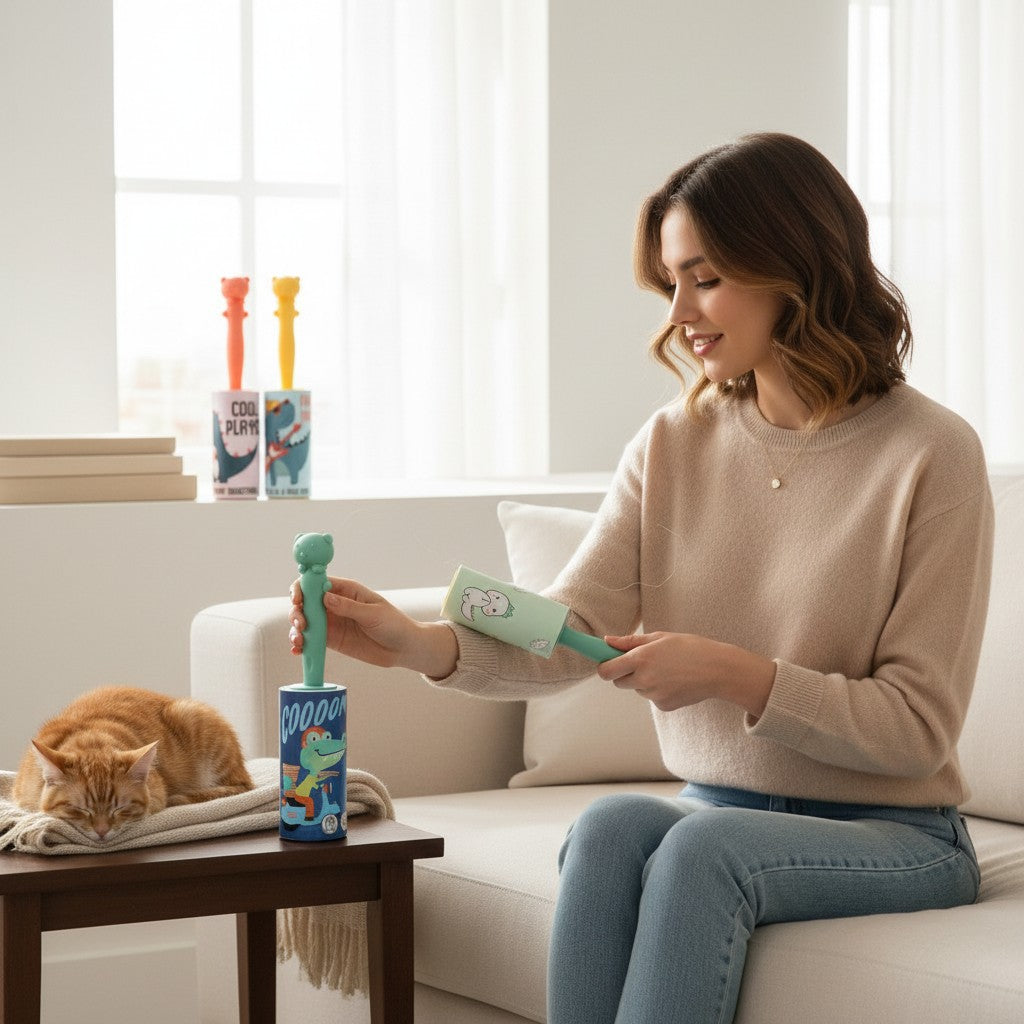 Mujer usando un quitapelusas WISHFUL con estampado de animales y mango ergonómico en una sala de estar