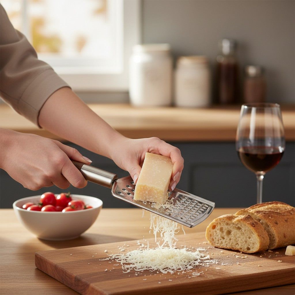Rallador 3 en 1 WISHFUL de acero inoxidable con mango de madera de acacia rallando queso parmesano sobre tabla