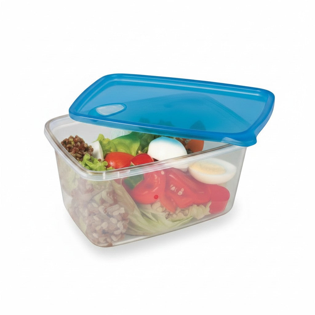 Recipiente hermético rectangular WISHFUL de 3000ml con tapa azul, ideal para almacenar ensaladas frescas