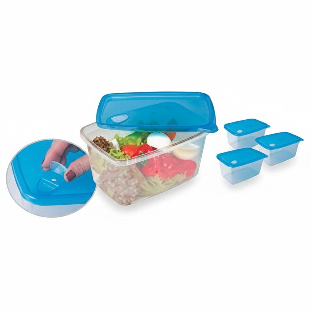 Set de tres recipientes herméticos WISHFUL rectangulares de vidrio con tapas azules y válvula de cierre al vacío