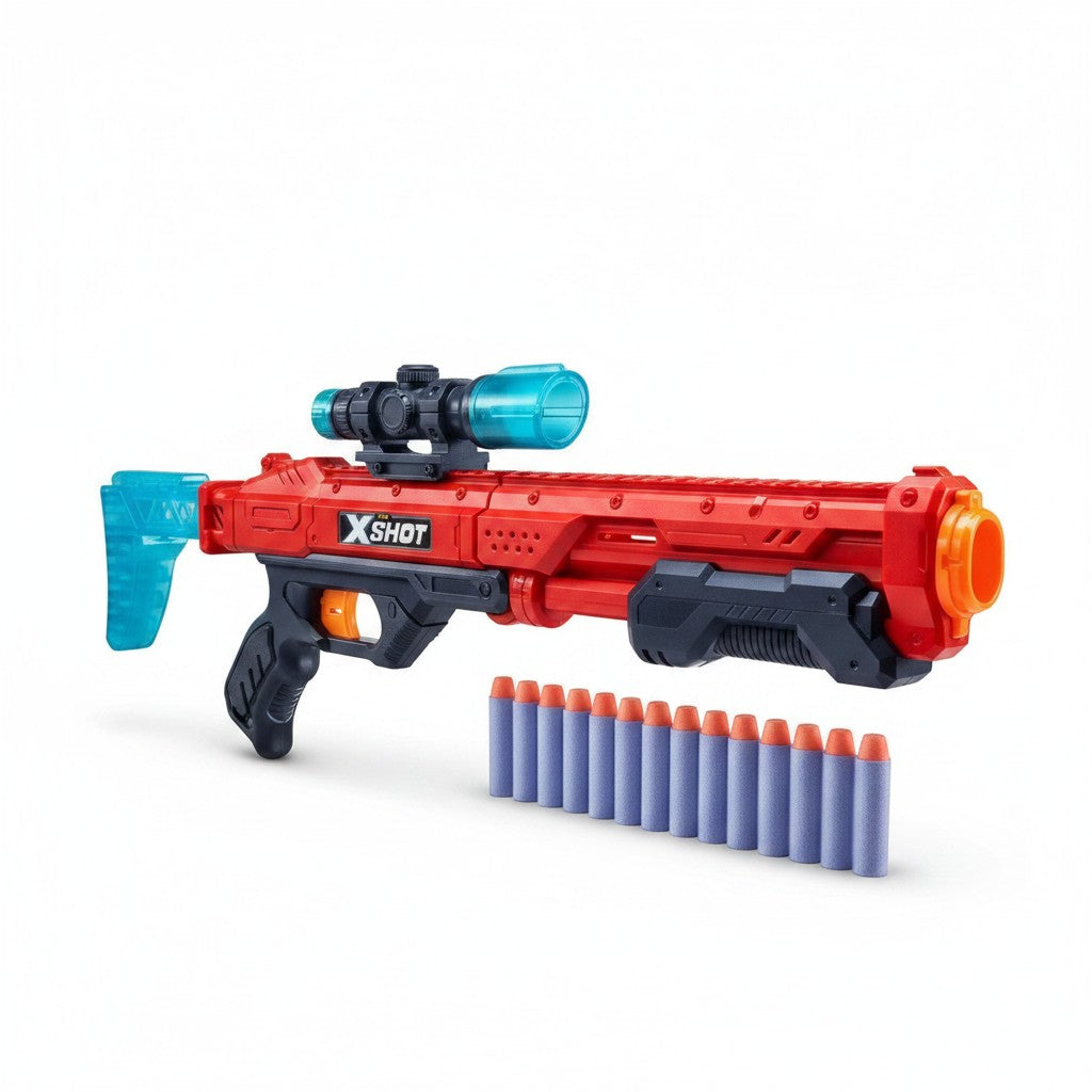 Rifle de juguete WISHFUL X-Shot Hawk Eye rojo con mira telescópica azul, gatillo naranja y 12 dardos de espuma