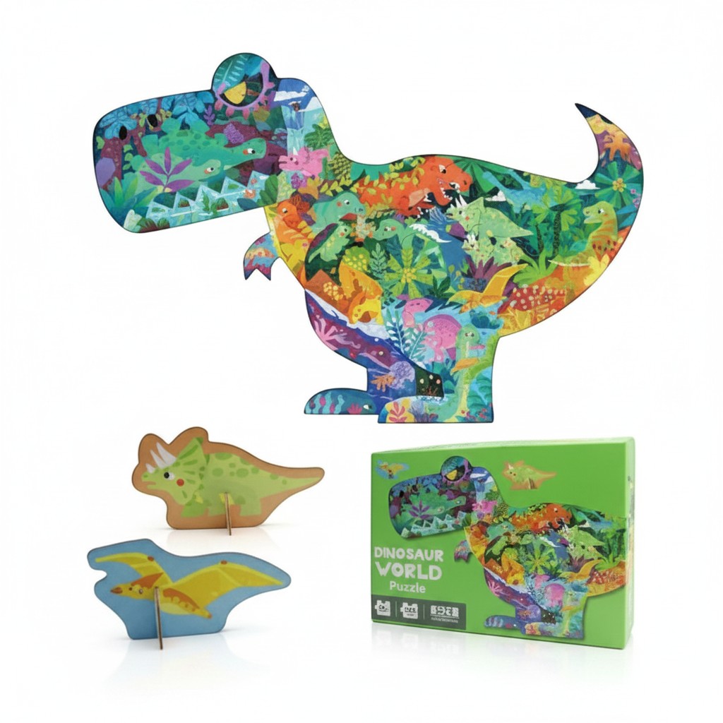 Rompecabezas WISHFUL de 295 piezas con forma de dinosaurio T-Rex, incluye figuras de Triceratops y Pterodáctilo.