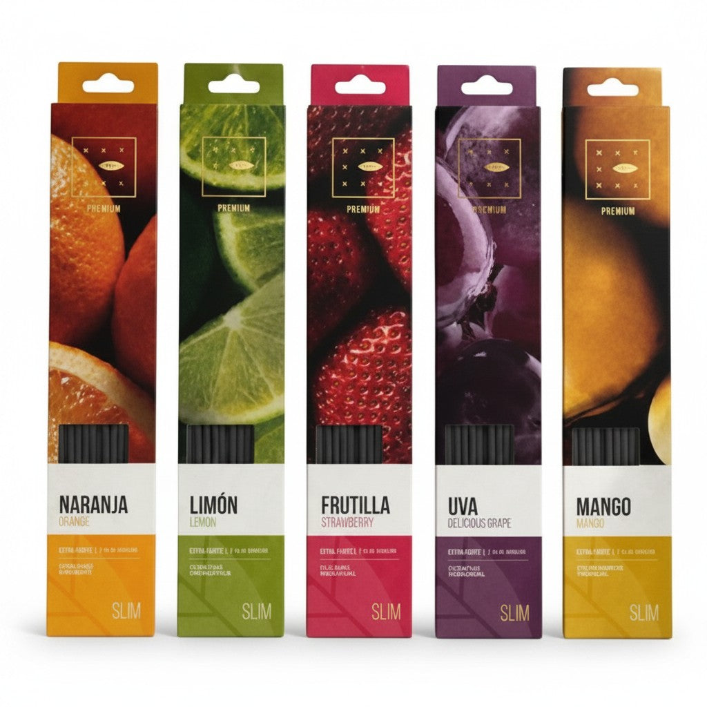 Cinco cajas de sahumerios WISHFUL premium slim con aromas frutales de naranja, limón, frutilla, uva y mango.