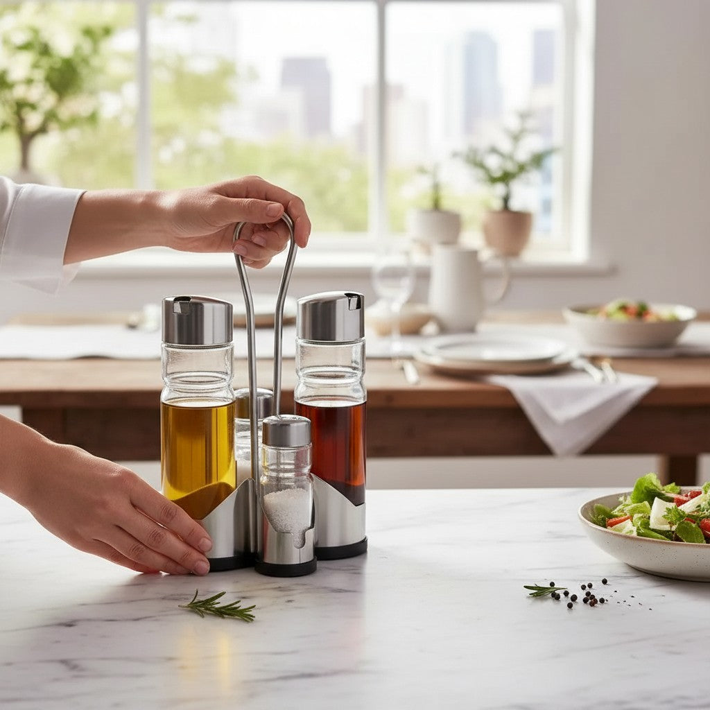 Set de aceitera y salero WISHFUL de 4 piezas en vidrio y acero inoxidable sobre mesa de mármol en cocina moderna