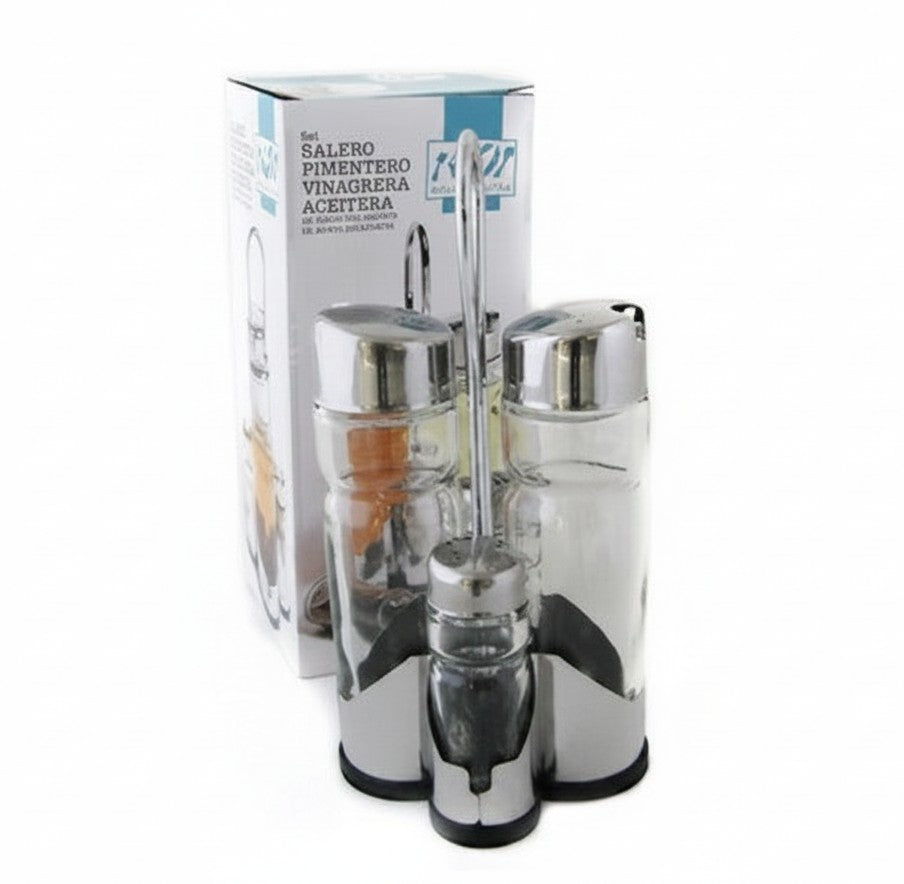 Set de 4 piezas WISHFUL con aceitera, vinagrera, salero y pimentero de vidrio y acero inoxidable con soporte