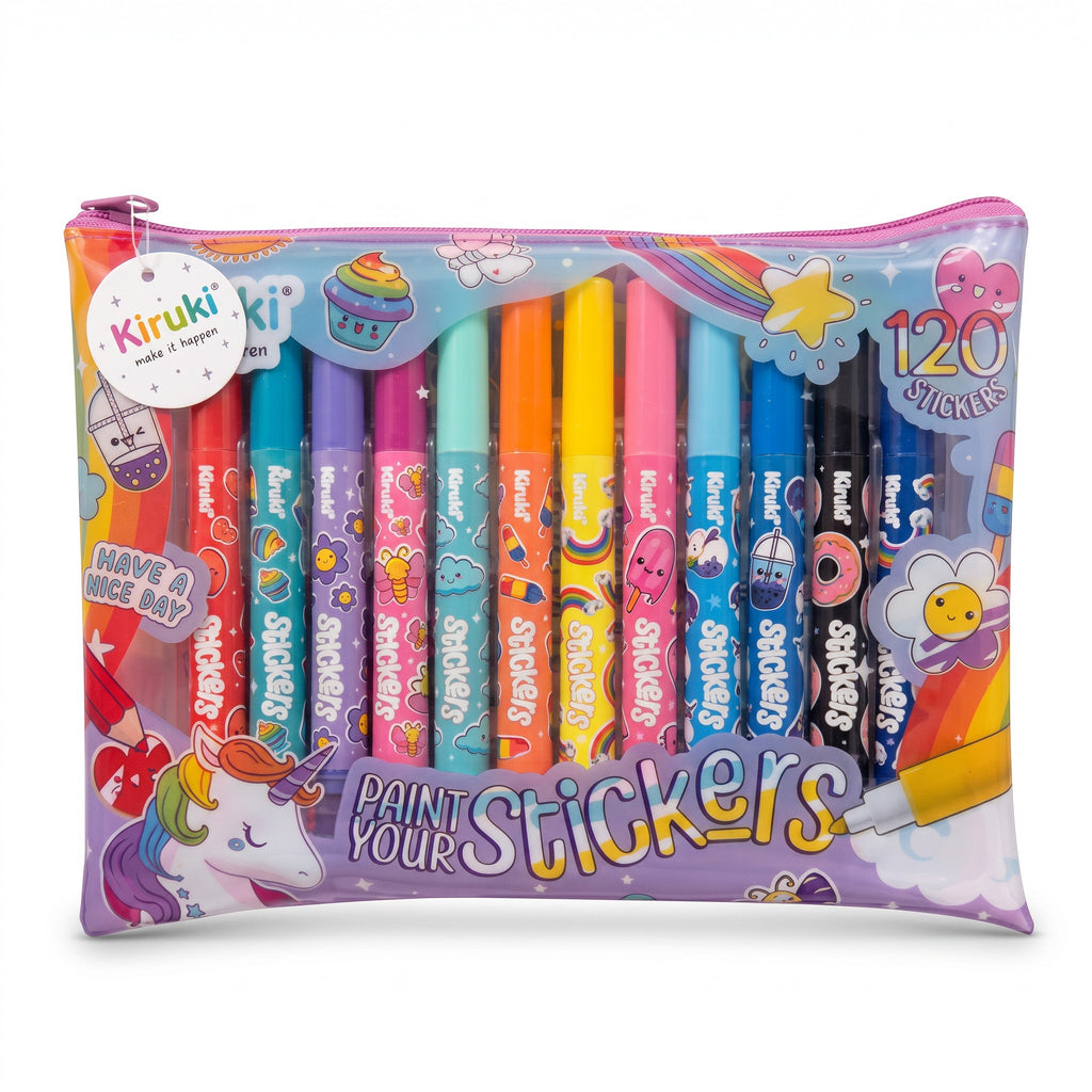 Set escolar WISHFUL con estuche transparente, marcadores de colores y 120 stickers con diseños de fantasía