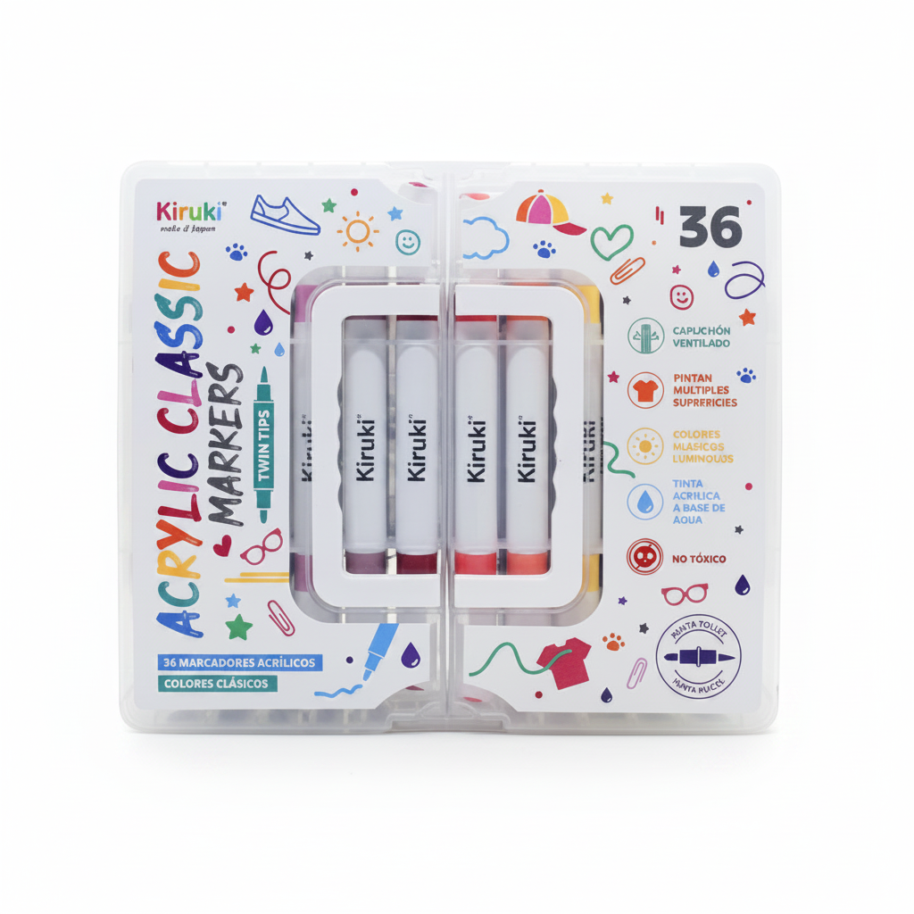 Set de 36 marcadores acrílicos de doble punta Kiruki en estuche transparente de WISHFUL para múltiples superficies