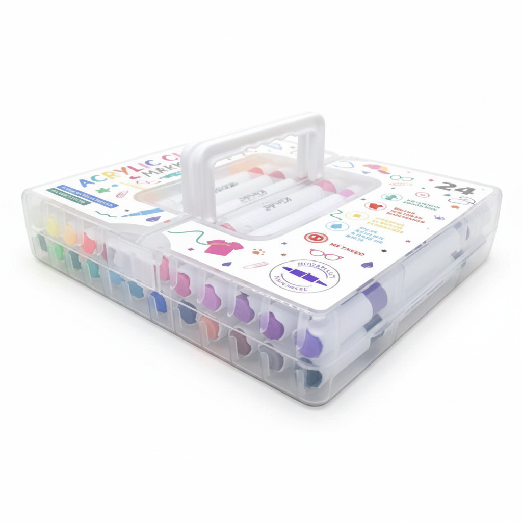 Set de 24 marcadores acrílicos de doble punta Kiruki en estuche organizador transparente con asa de la marca WISHFUL
