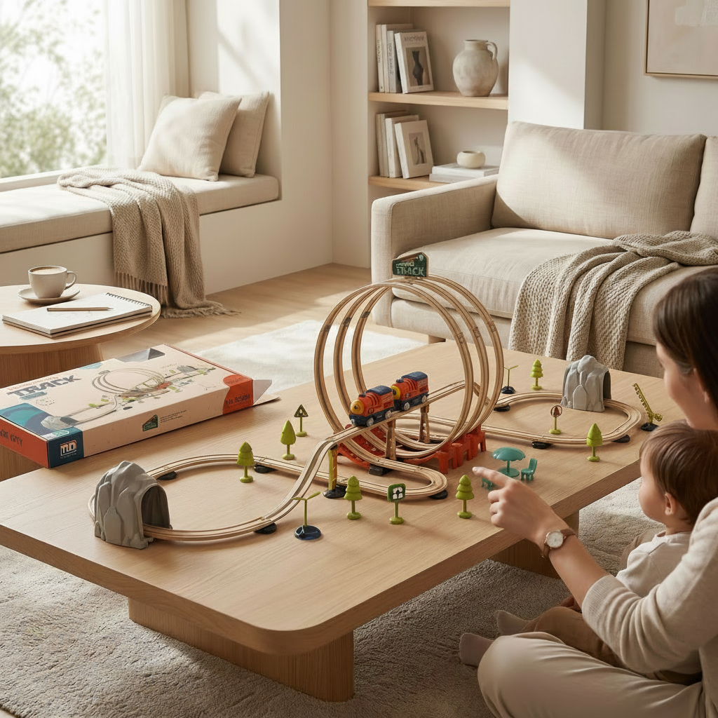 Madre e hijo jugando con un set de tren de madera de 101 piezas de WISHFUL sobre una mesa de centro en una sala