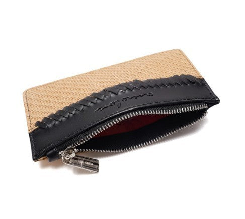 Tarjetero WISHFUL de diseño bicolor en beige y negro con textura trenzada y cierre de cremallera metálica