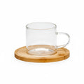 Taza de café WISHFUL de 90ml en vidrio transparente con plato de madera natural, diseño minimalista y elegante