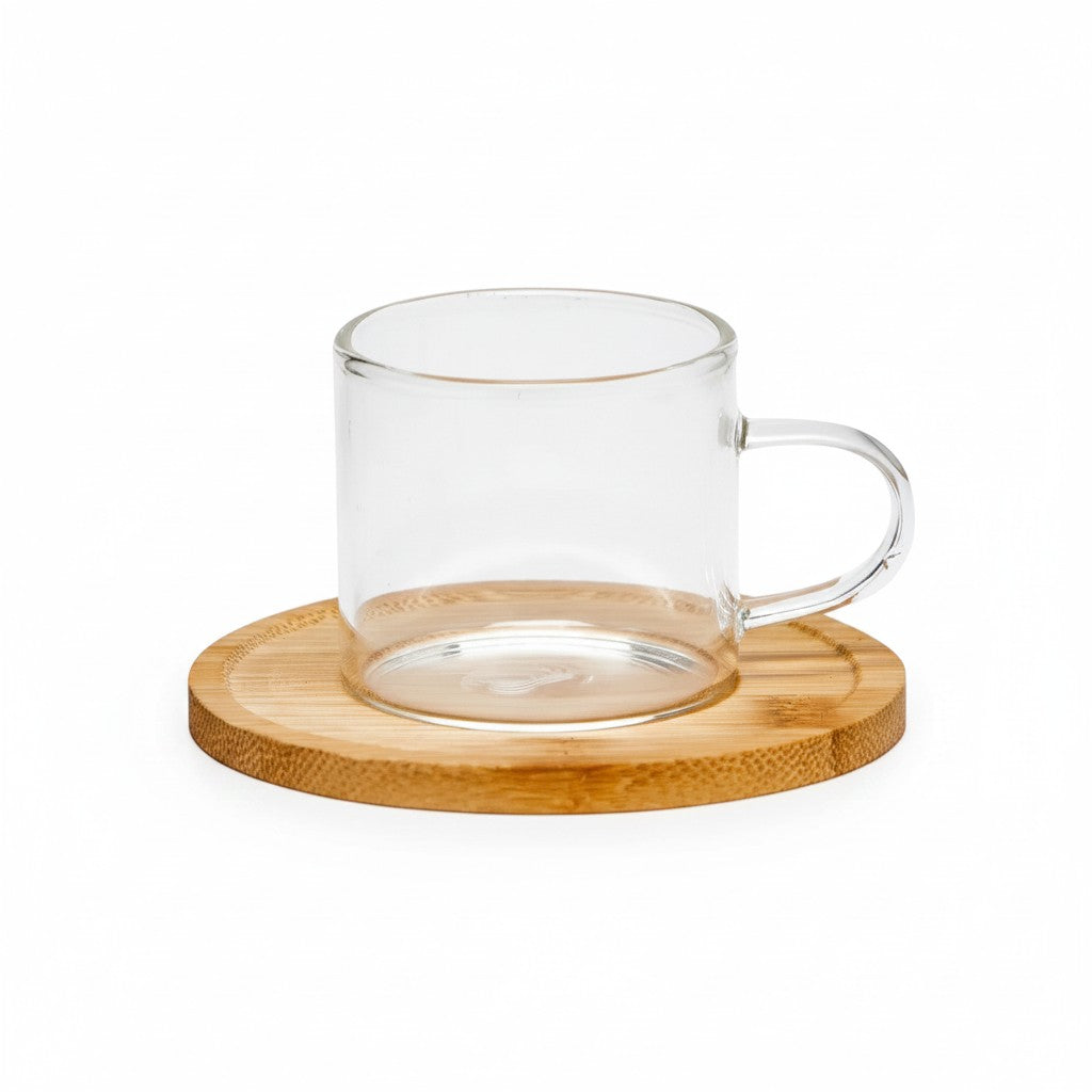 Taza de café WISHFUL de 90ml en vidrio transparente con plato de madera natural, diseño minimalista y elegante