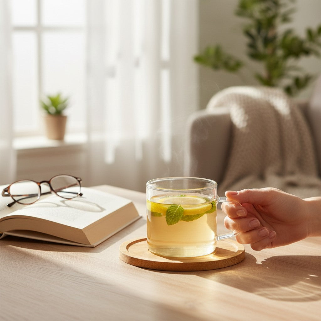 Taza de vidrio WISHFUL de 90ml con plato de madera, conteniendo infusión de limón y menta sobre una mesa de madera.