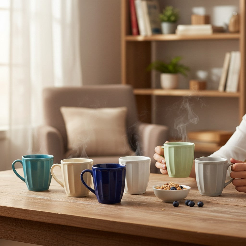 Set de tazas WISHFUL de 330cc con diseño bombe rayado en colores surtidos sobre mesa de madera con vapor