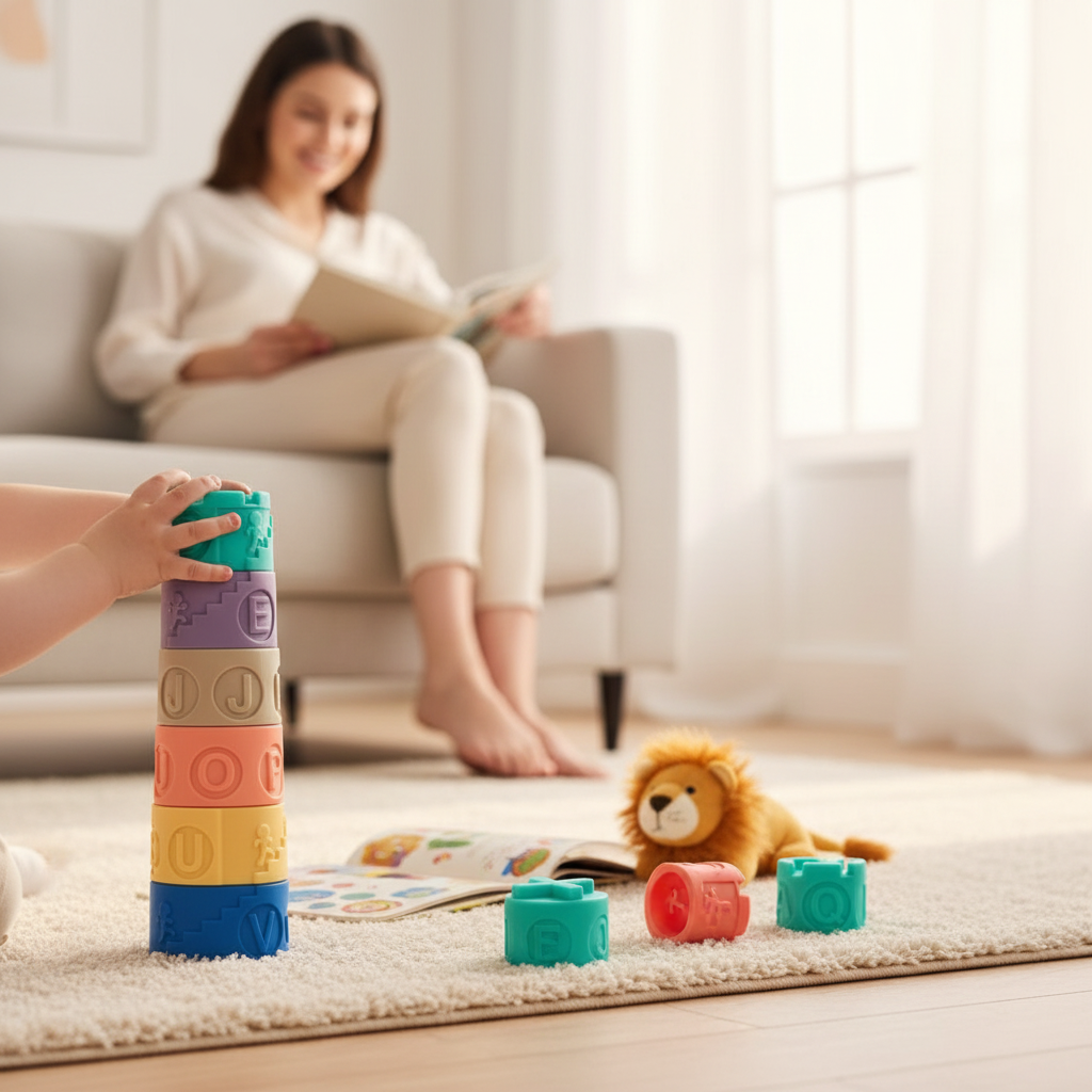 Torre apilable de goma WISHFUL con letras y figuras en colores pastel, ideal para el desarrollo infantil en casa.