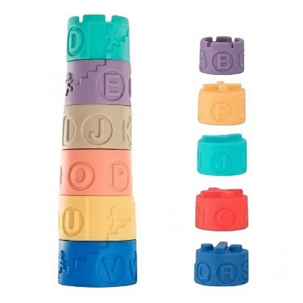 Torre apilable de goma WISHFUL con letras y figuras en colores pastel para aprendizaje infantil