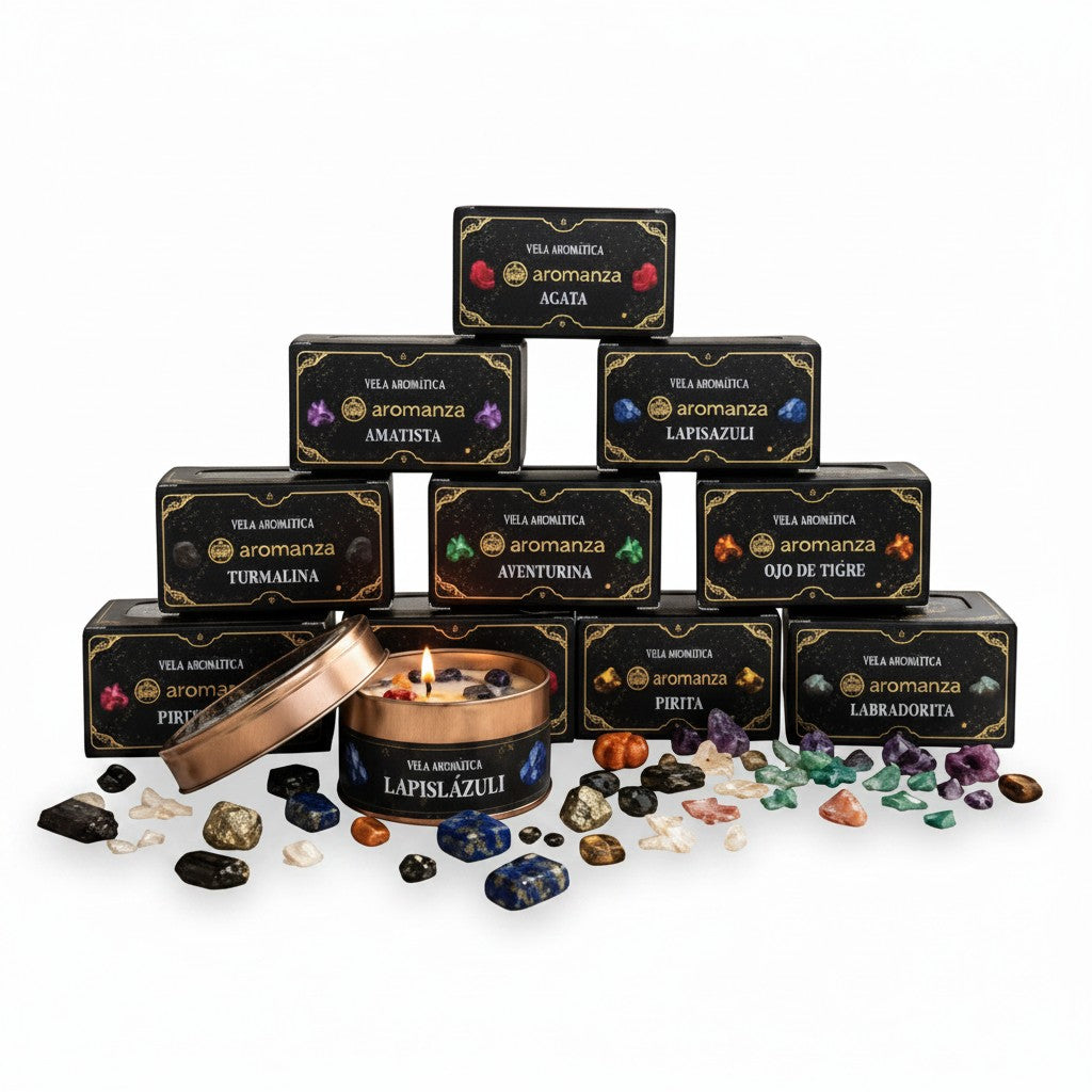Vela aromática orgánica WISHFUL con cristales naturales, presentada en caja negra decorativa con piedras energéticas.