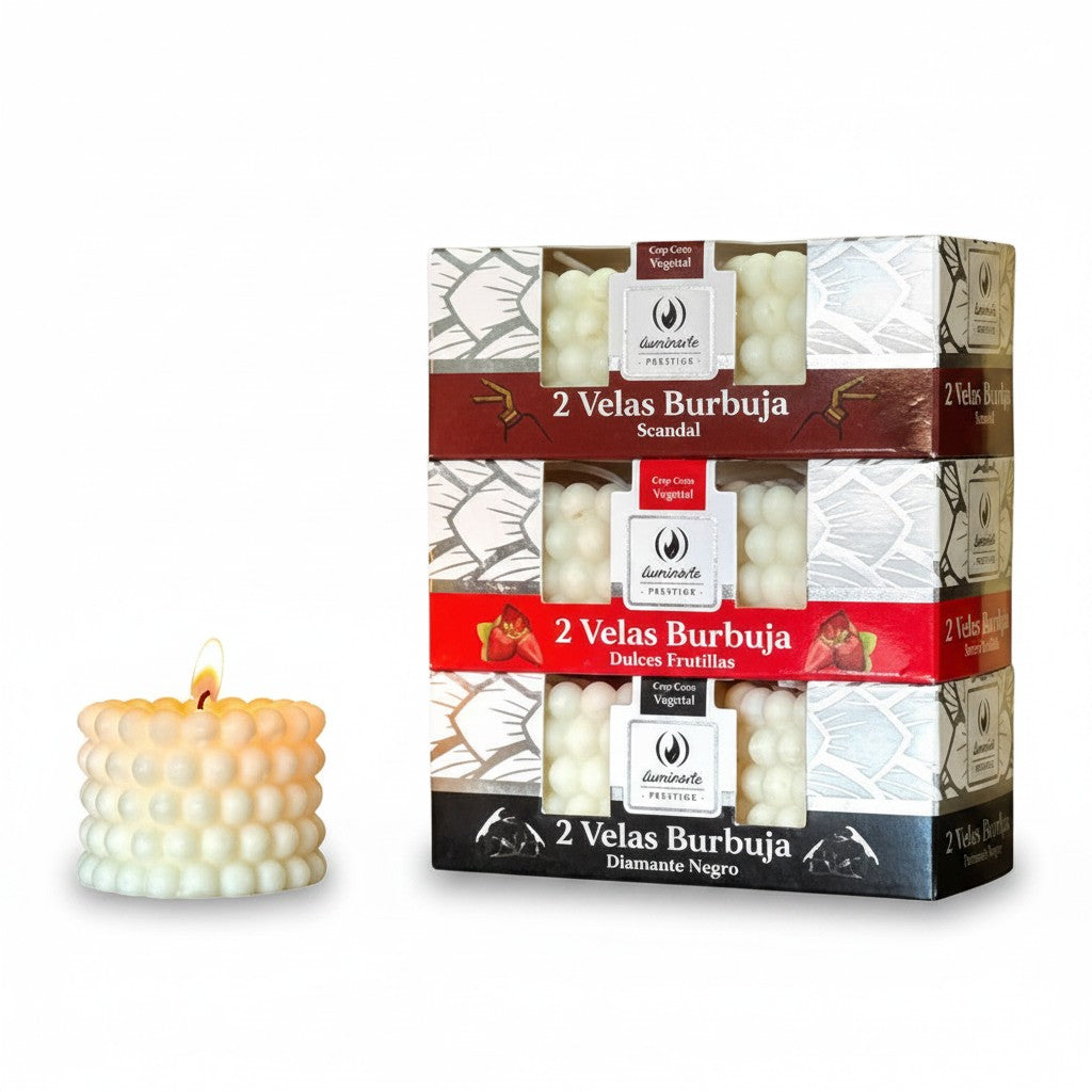 Velas aromáticas WISHFUL con forma de burbuja hechas de cera vegetal, presentadas en cajas decorativas.